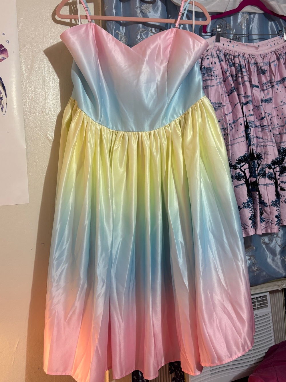 Boulevard Nights Pastel Ombre Satin Midi Dress — Pink, Blue & Yellow rainbow. - Picture 2 of 7
